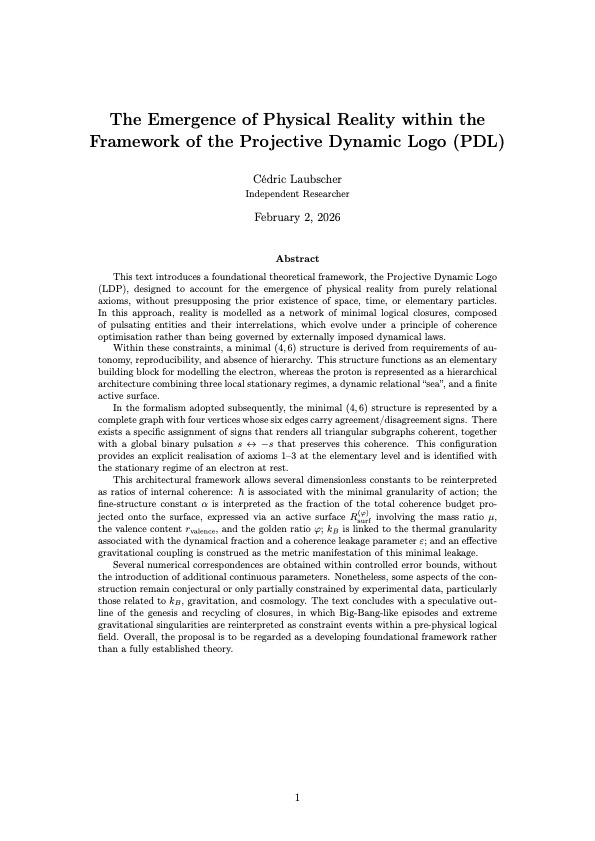 The Emergence of Physical Reality within the Framework of the Projective Dynamic Logo (PDL) D1 | The Emergence of Physical Reality within the Framework of the Projective Dynamic Logo (PDL). Core axioms, (4-6) block, proton architecture, constants, gravitation, cosmology.